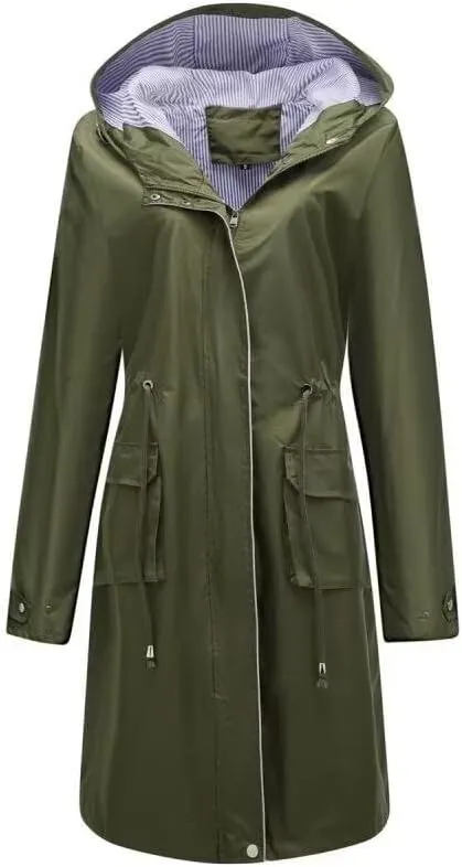 Women Waterproof Lightweight Long Rain Jacket Outdoor Casual Hooded Long Trench Coat