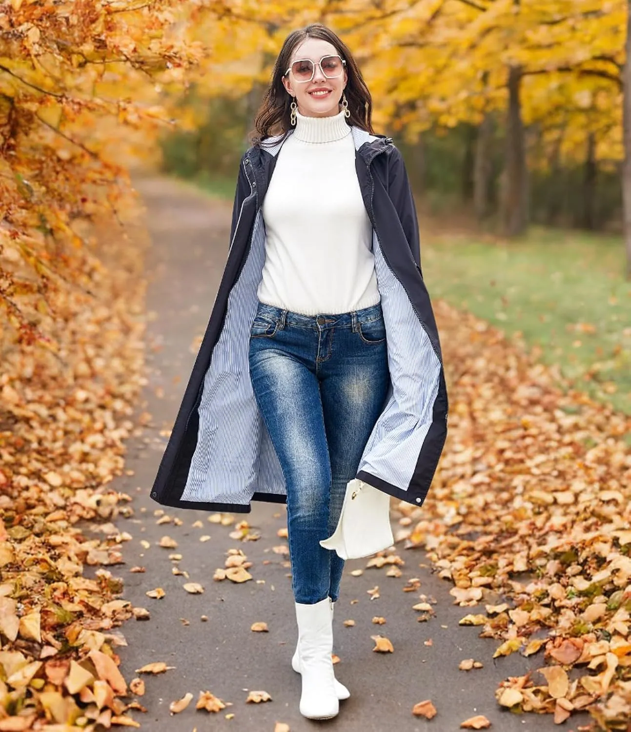 Women Waterproof Lightweight Long Rain Jacket Outdoor Casual Hooded Long Trench Coat