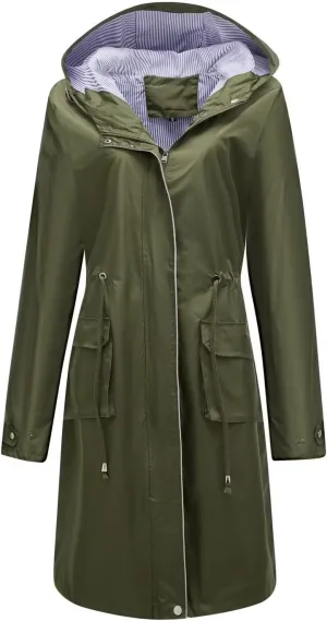 Women Waterproof Lightweight Long Rain Jacket Outdoor Casual Hooded Long Trench Coat