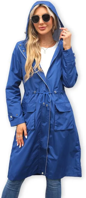 Women Waterproof Lightweight Long Rain Jacket Outdoor Casual Hooded Long Trench Coat