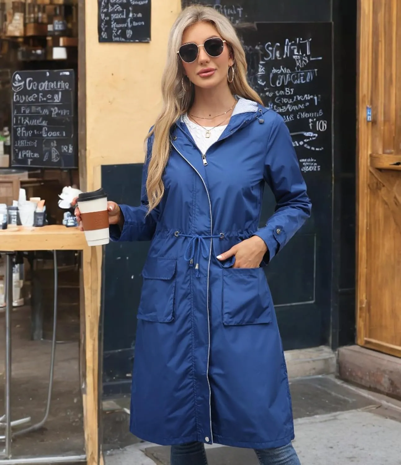 Women Waterproof Lightweight Long Rain Jacket Outdoor Casual Hooded Long Trench Coat