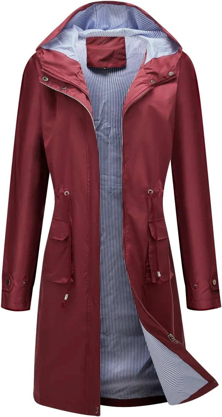 Women Waterproof Lightweight Long Rain Jacket Outdoor Casual Hooded Long Trench Coat