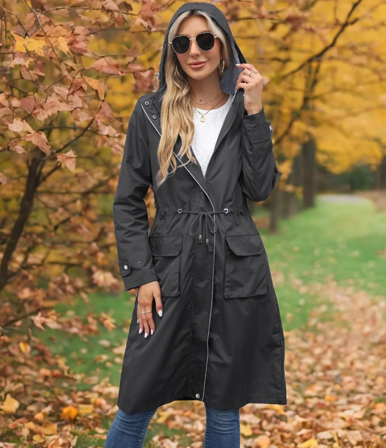 Women Waterproof Lightweight Long Rain Jacket Outdoor Casual Hooded Long Trench Coat