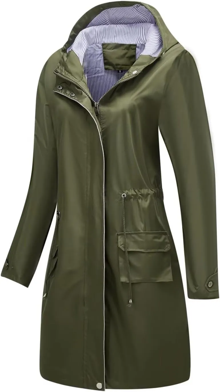 Women Waterproof Lightweight Long Rain Jacket Outdoor Casual Hooded Long Trench Coat