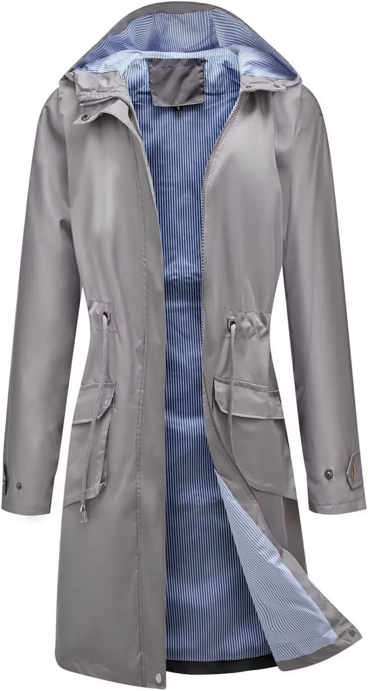 Women Waterproof Lightweight Long Rain Jacket Outdoor Casual Hooded Long Trench Coat