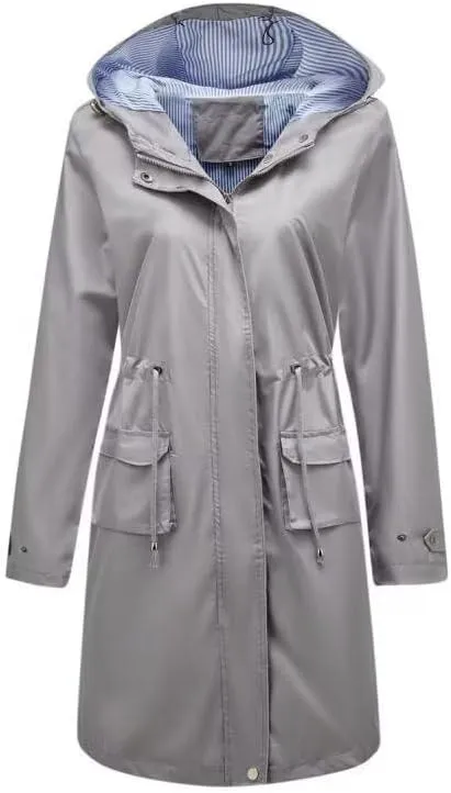 Women Waterproof Lightweight Long Rain Jacket Outdoor Casual Hooded Long Trench Coat