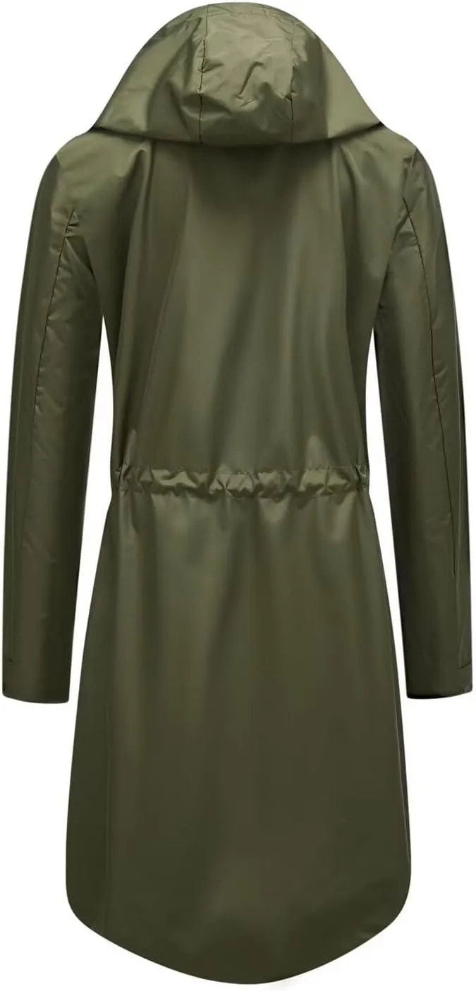 Women Waterproof Lightweight Long Rain Jacket Outdoor Casual Hooded Long Trench Coat