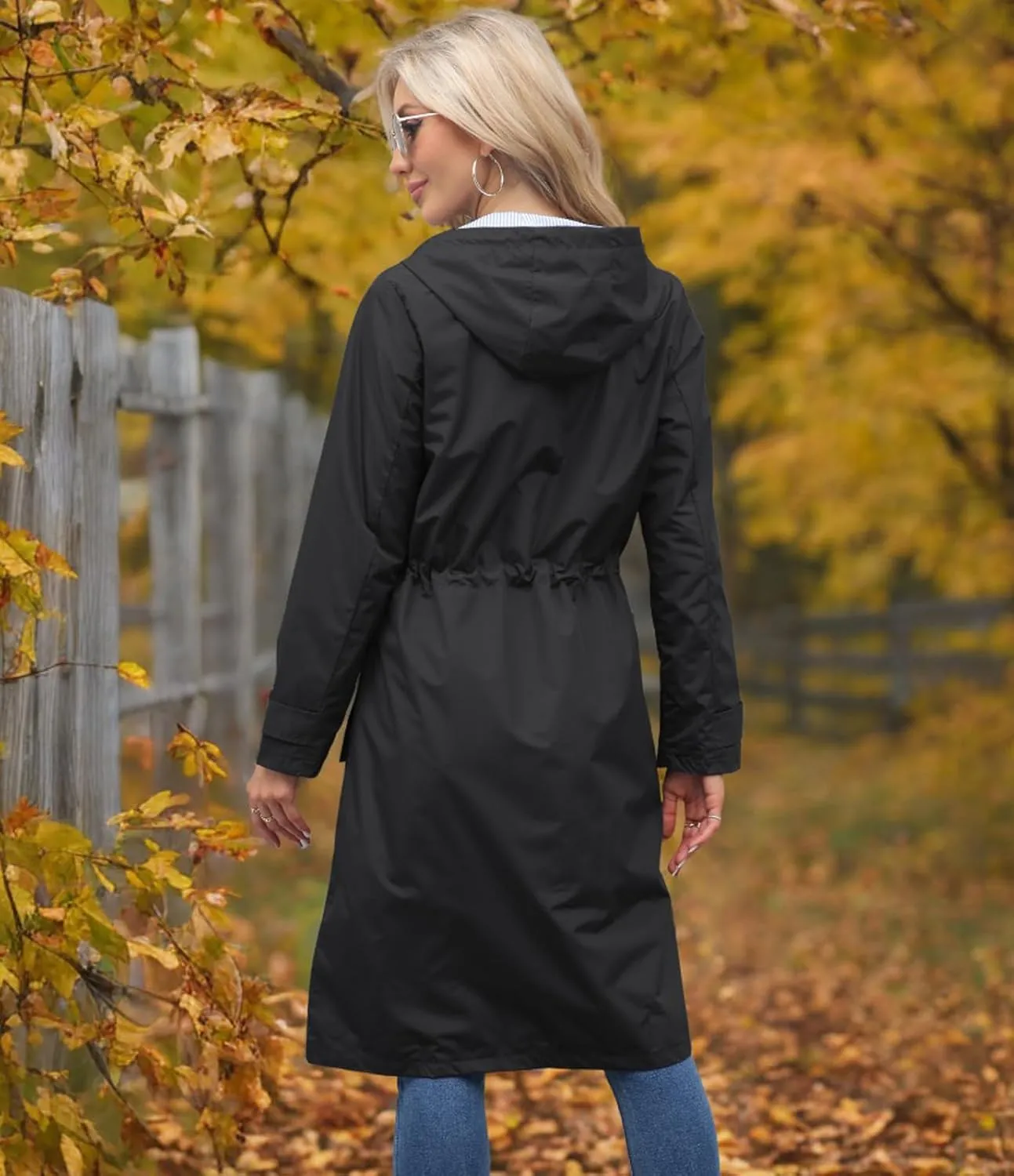 Women Waterproof Lightweight Long Rain Jacket Outdoor Casual Hooded Long Trench Coat