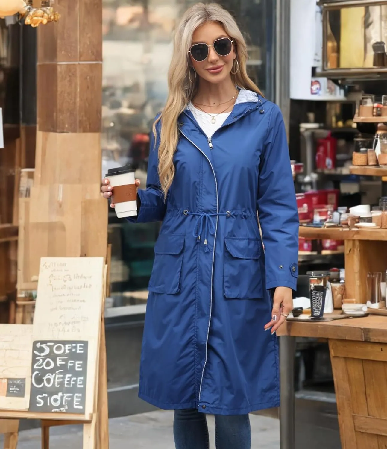 Women Waterproof Lightweight Long Rain Jacket Outdoor Casual Hooded Long Trench Coat