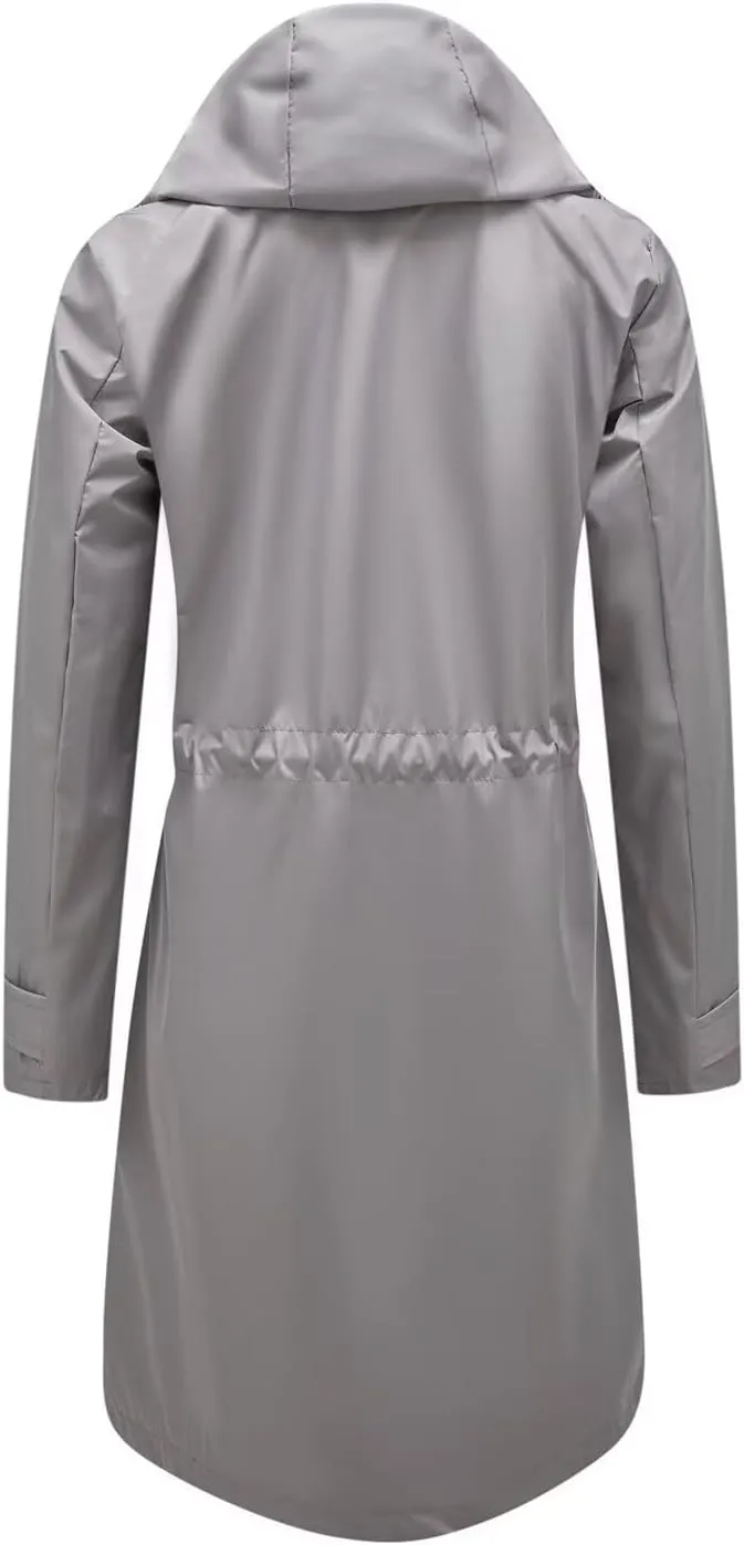 Women Waterproof Lightweight Long Rain Jacket Outdoor Casual Hooded Long Trench Coat