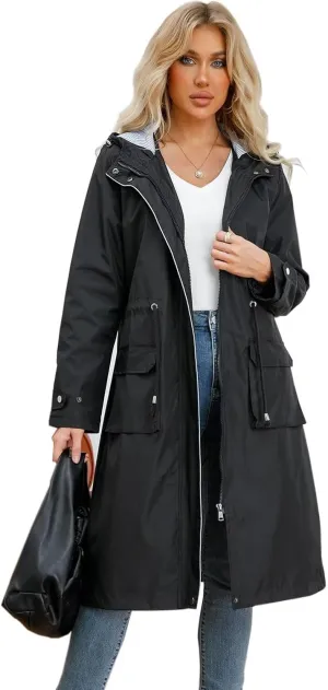 Women Waterproof Lightweight Long Rain Jacket Outdoor Casual Hooded Long Trench Coat