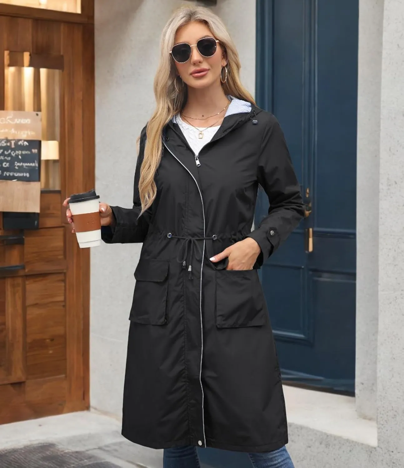 Women Waterproof Lightweight Long Rain Jacket Outdoor Casual Hooded Long Trench Coat