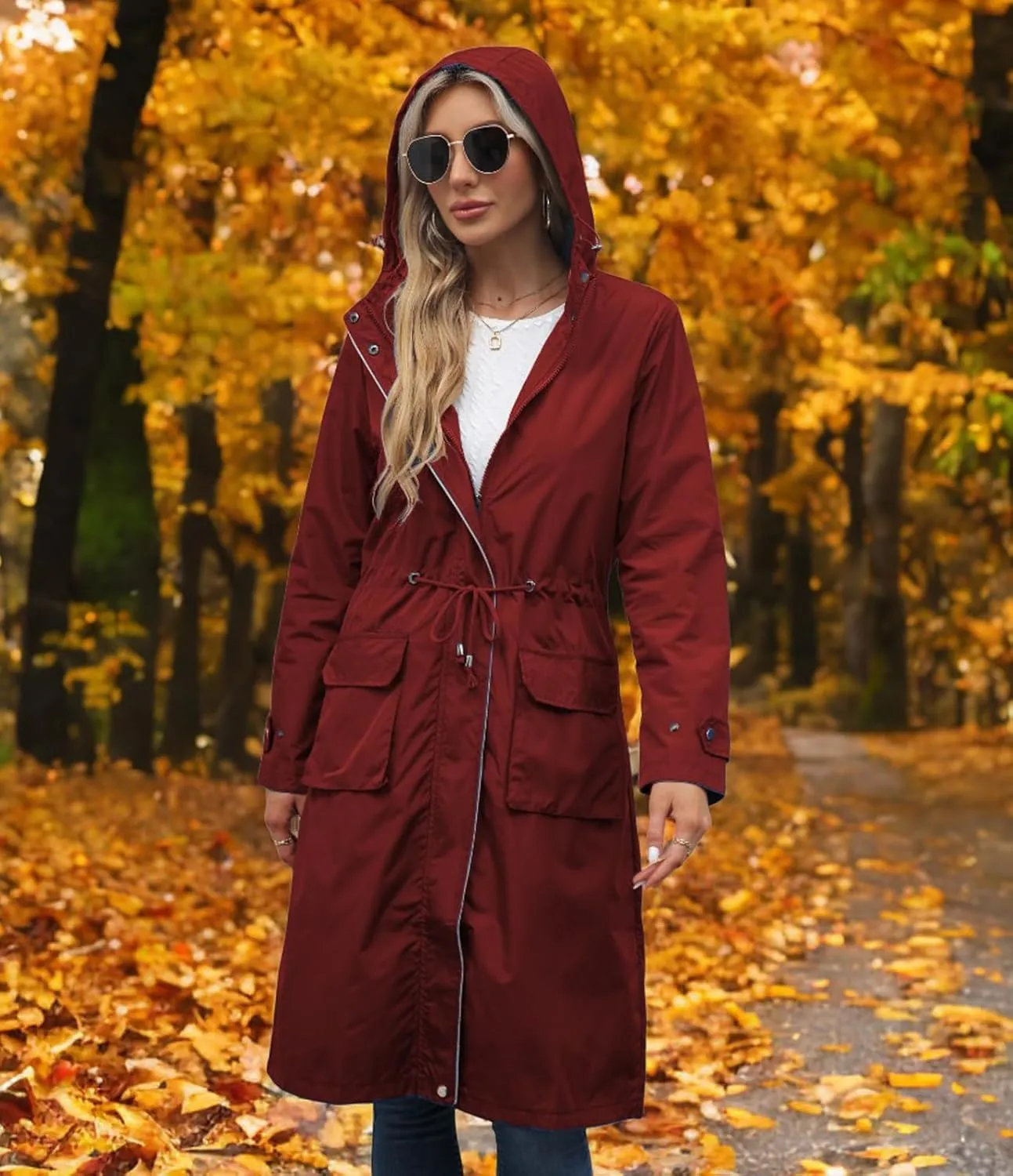 Women Waterproof Lightweight Long Rain Jacket Outdoor Casual Hooded Long Trench Coat