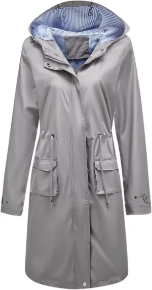 Women Waterproof Lightweight Long Rain Jacket Outdoor Casual Hooded Long Trench Coat
