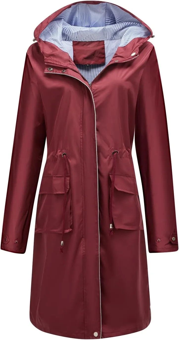 Women Waterproof Lightweight Long Rain Jacket Outdoor Casual Hooded Long Trench Coat