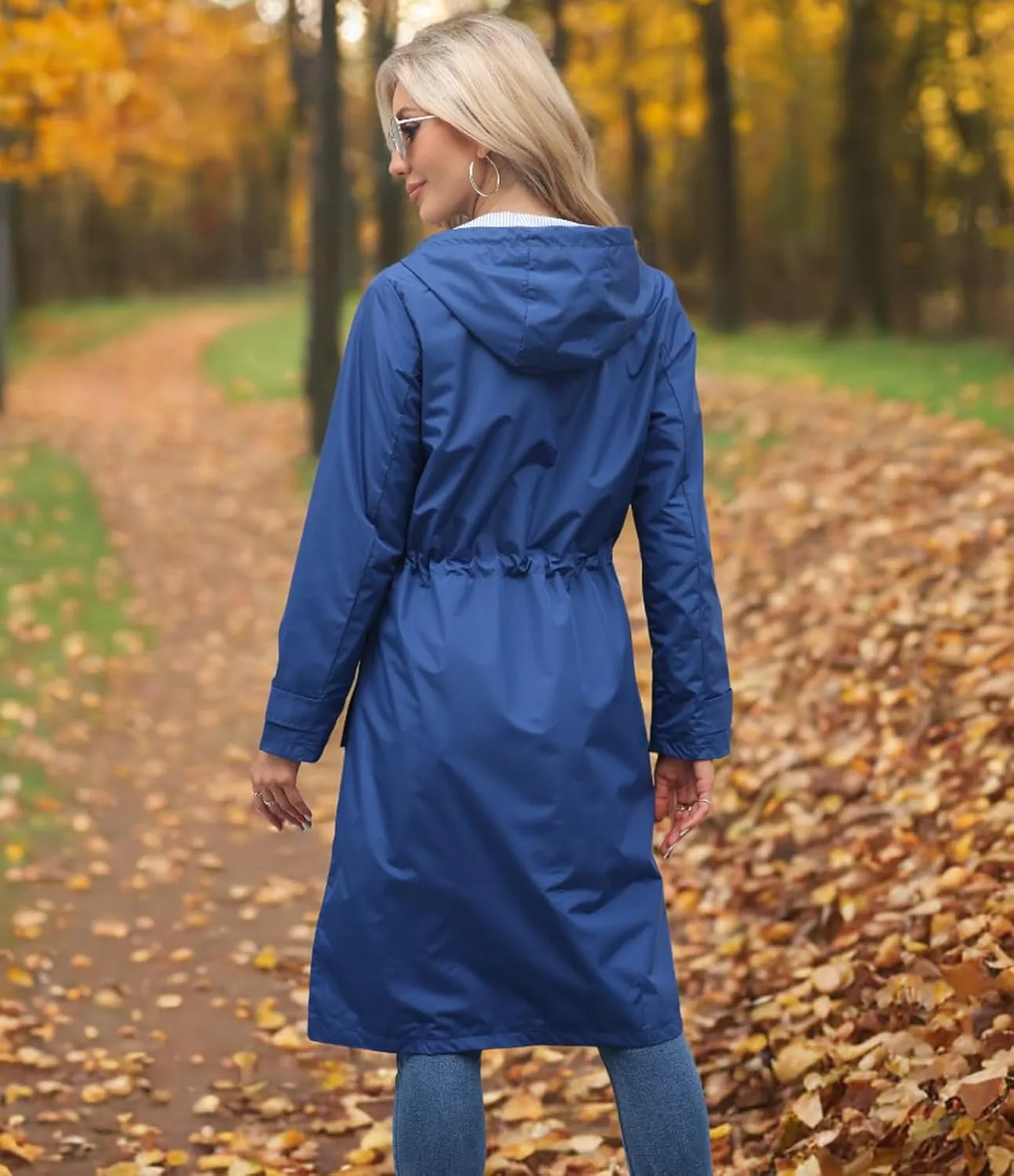 Women Waterproof Lightweight Long Rain Jacket Outdoor Casual Hooded Long Trench Coat