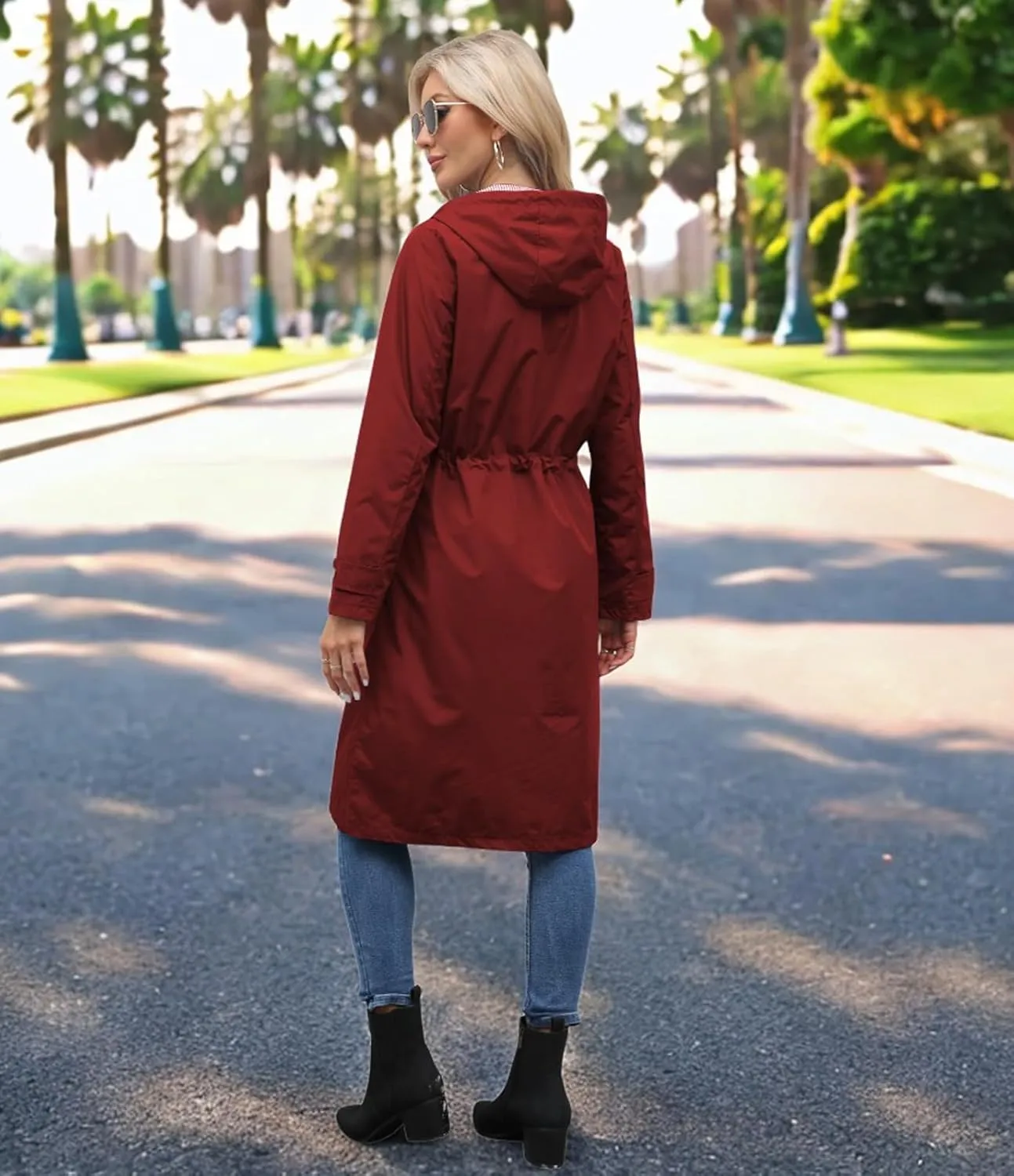 Women Waterproof Lightweight Long Rain Jacket Outdoor Casual Hooded Long Trench Coat