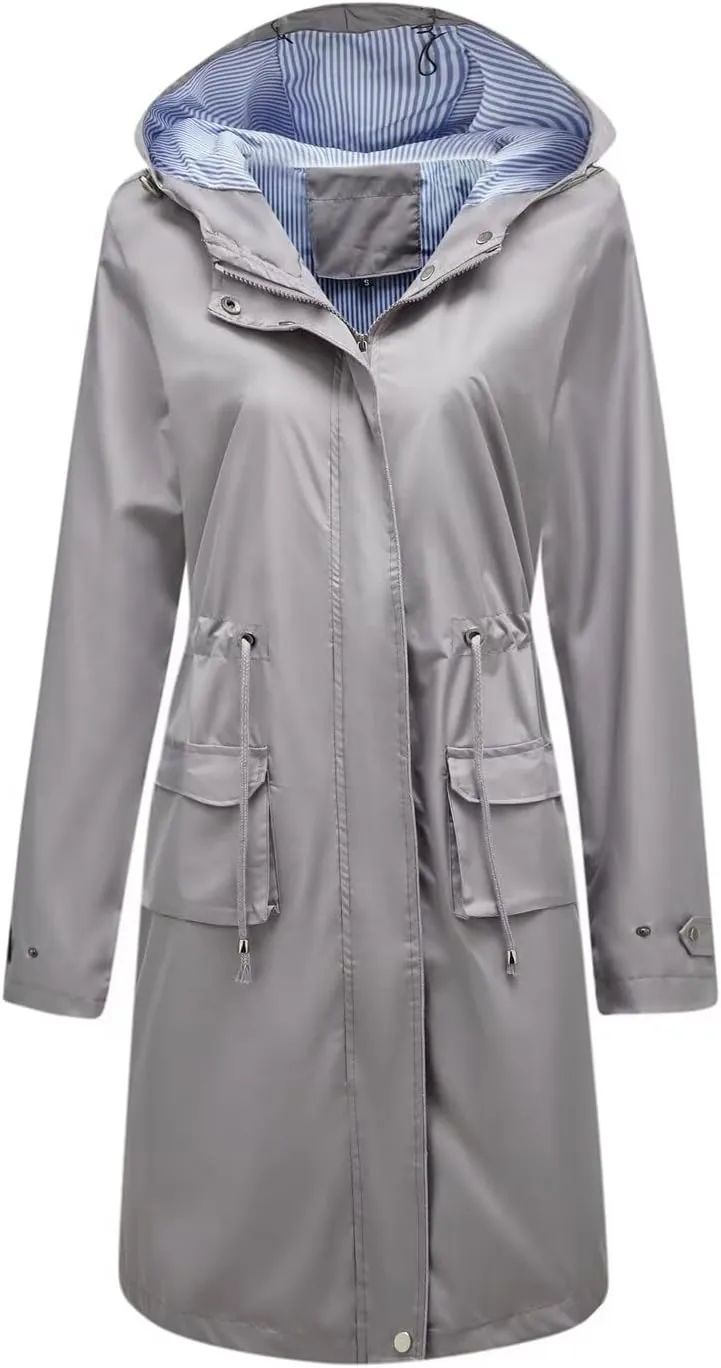 Women Waterproof Lightweight Long Rain Jacket Outdoor Casual Hooded Long Trench Coat