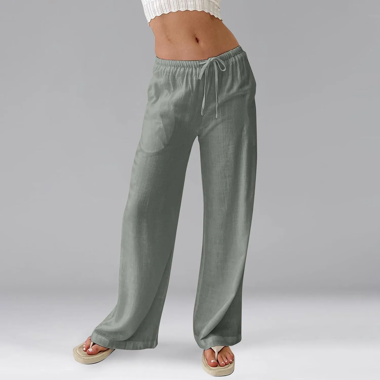 Women Wide Leg Pants Flowy Linen Pants Drawstring High Waisted Summer Baggy Trouser Pant with Pockets (S-2Xl)