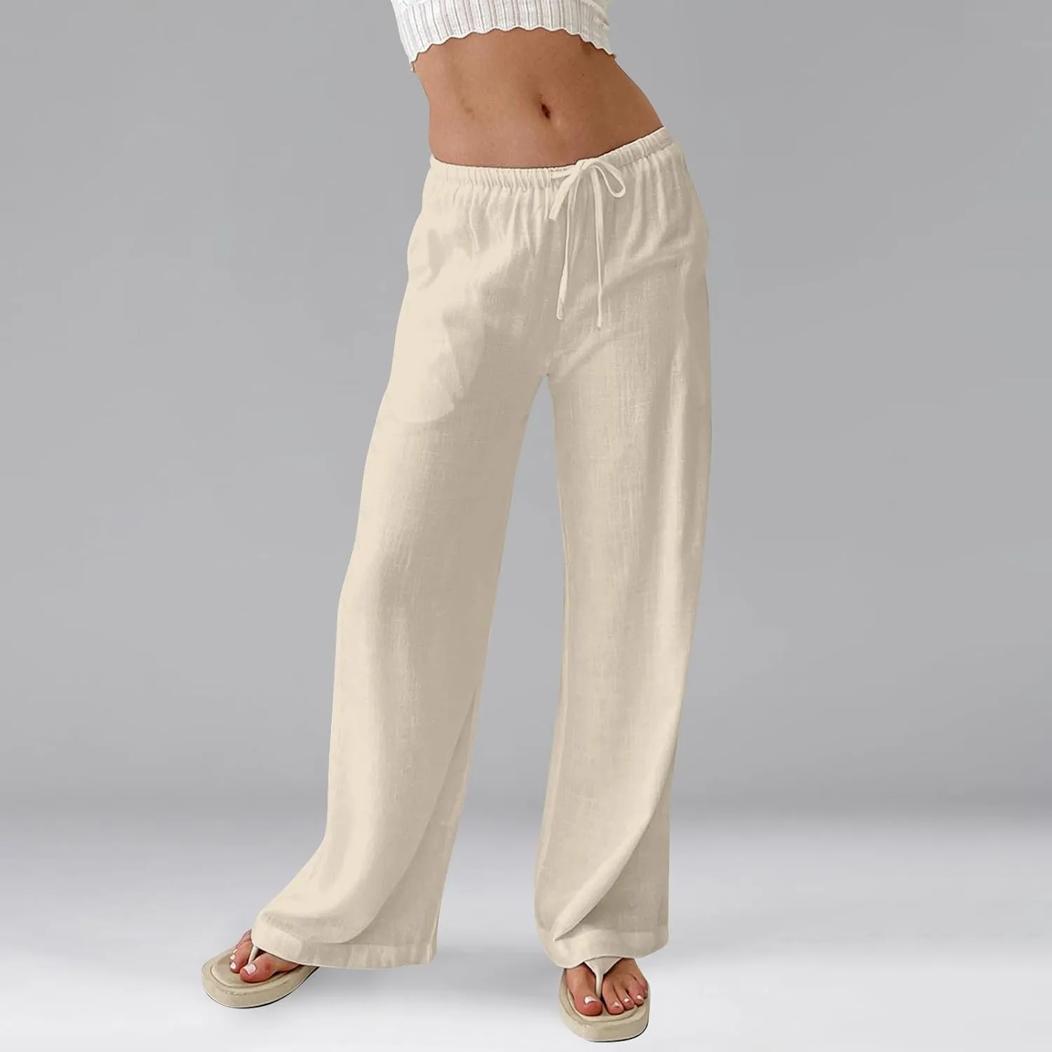 Women Wide Leg Pants Linen Pants Drawstring High Waisted Summer Boho Pant Workout Trouser Pant with Pockets (S-2Xl)