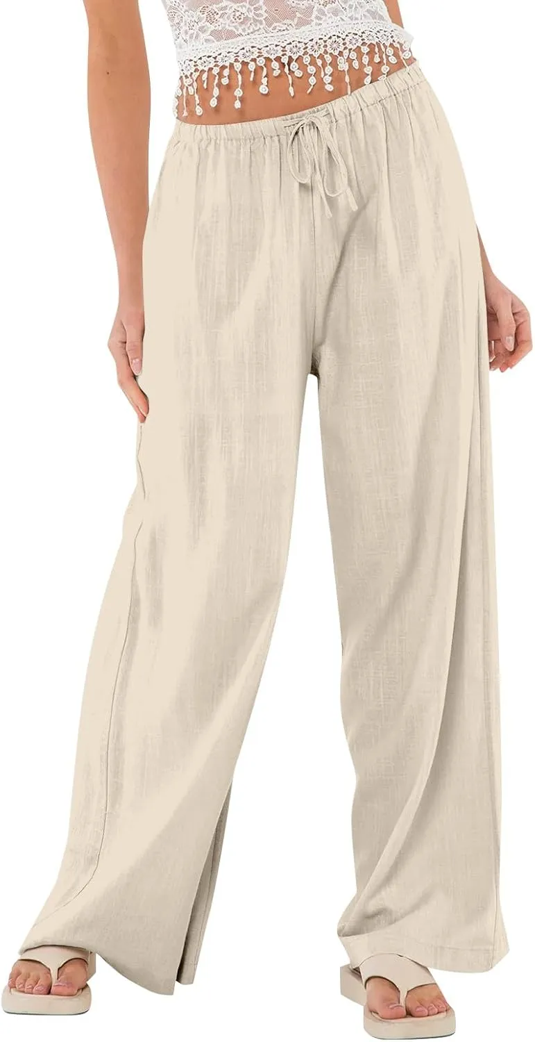 Women Wide Leg Pants Linen Pants Drawstring High Waisted Summer Boho Pant Workout Trouser Pant with Pockets (S-2Xl)