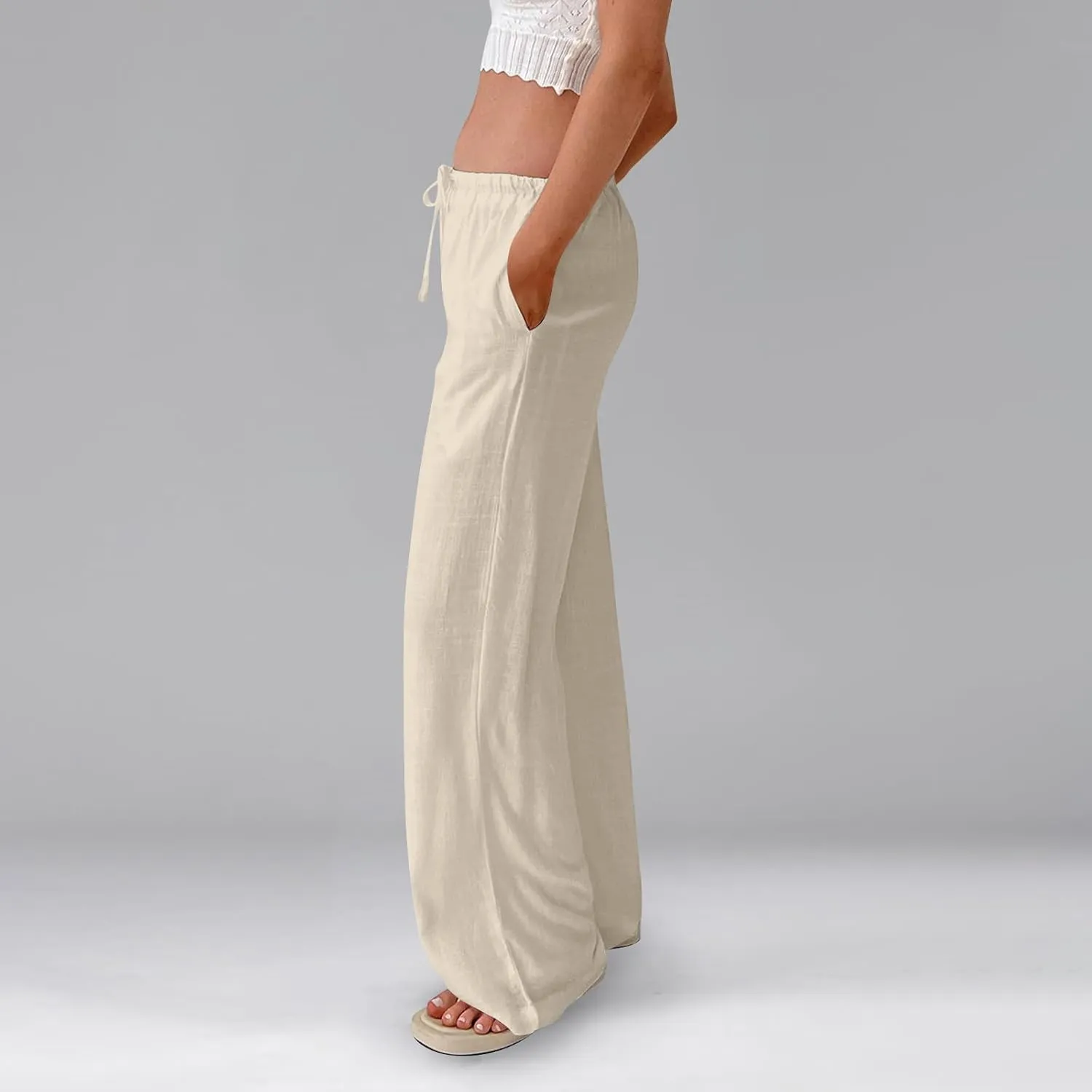 Women Wide Leg Pants Linen Pants Drawstring High Waisted Summer Boho Pant Workout Trouser Pant with Pockets (S-2Xl)