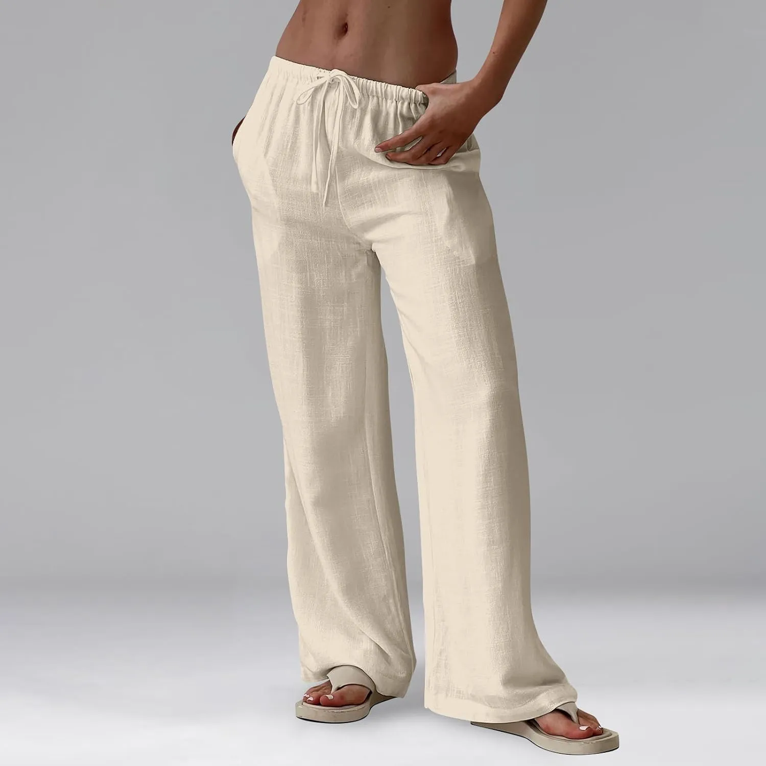 Women Wide Leg Pants Linen Pants Drawstring High Waisted Summer Boho Pant Workout Trouser Pant with Pockets (S-2Xl)