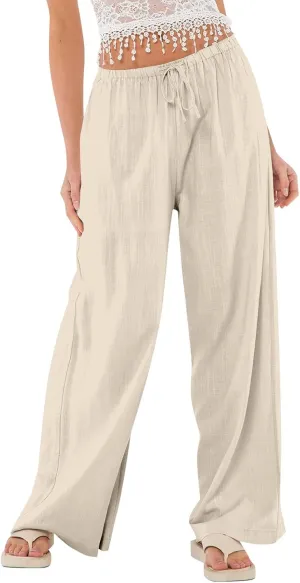 Women Wide Leg Pants Linen Pants Drawstring High Waisted Summer Boho Pant Workout Trouser Pant with Pockets (S-2Xl)
