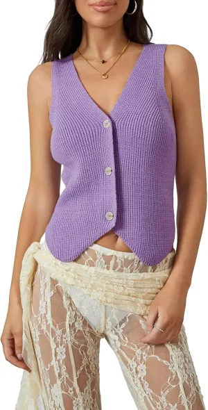 Women Y2k Crochet Vest Top Vintage Solid Color V Neck Sleeveless Button Down Crop Tops Streetwear