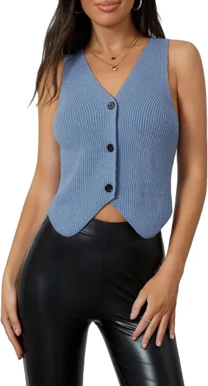 Women Y2k Crochet Vest Top Vintage Solid Color V Neck Sleeveless Button Down Crop Tops Streetwear