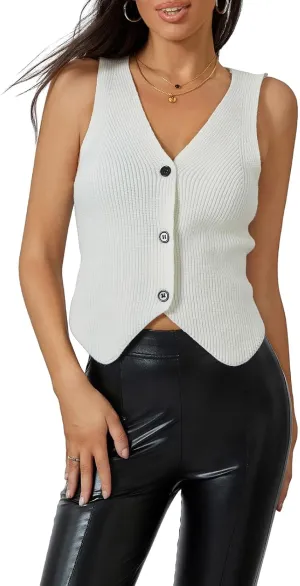 Women Y2k Crochet Vest Top Vintage Solid Color V Neck Sleeveless Button Down Crop Tops Streetwear