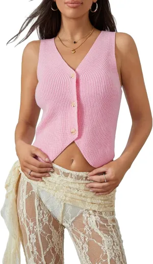 Women Y2k Crochet Vest Top Vintage Solid Color V Neck Sleeveless Button Down Crop Tops Streetwear