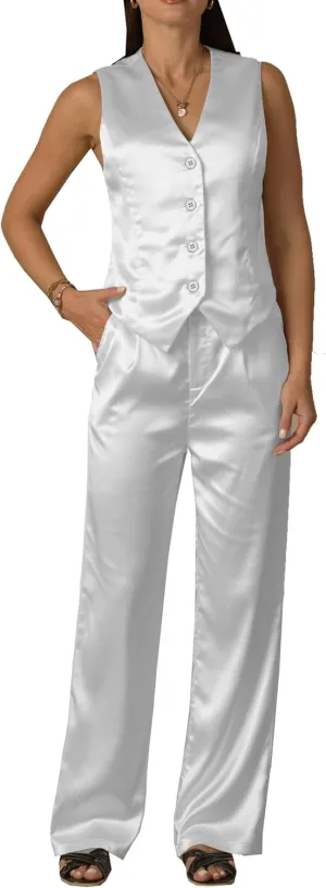 Women's 2 Piece Outfits Satin Suit Vest Waistcoat Dressy Casual Sets Wide Leg Pants Suits