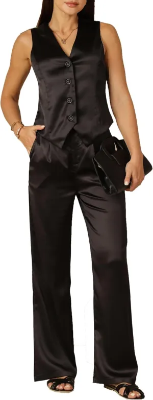 Women's 2 Piece Outfits Satin Suit Vest Waistcoat Dressy Casual Sets Wide Leg Pants Suits