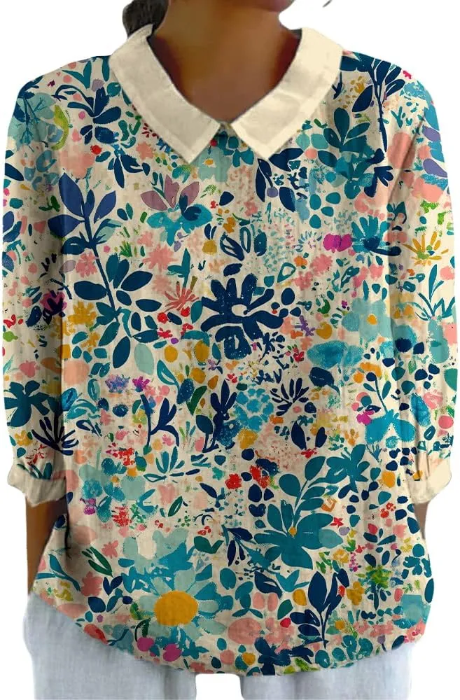 Womens 3/4 Sleeve Collared Boho Tops Ladies Vintage Blouses Dressy Casual Graphic Tees Loose Fit Pullover Summer Tops