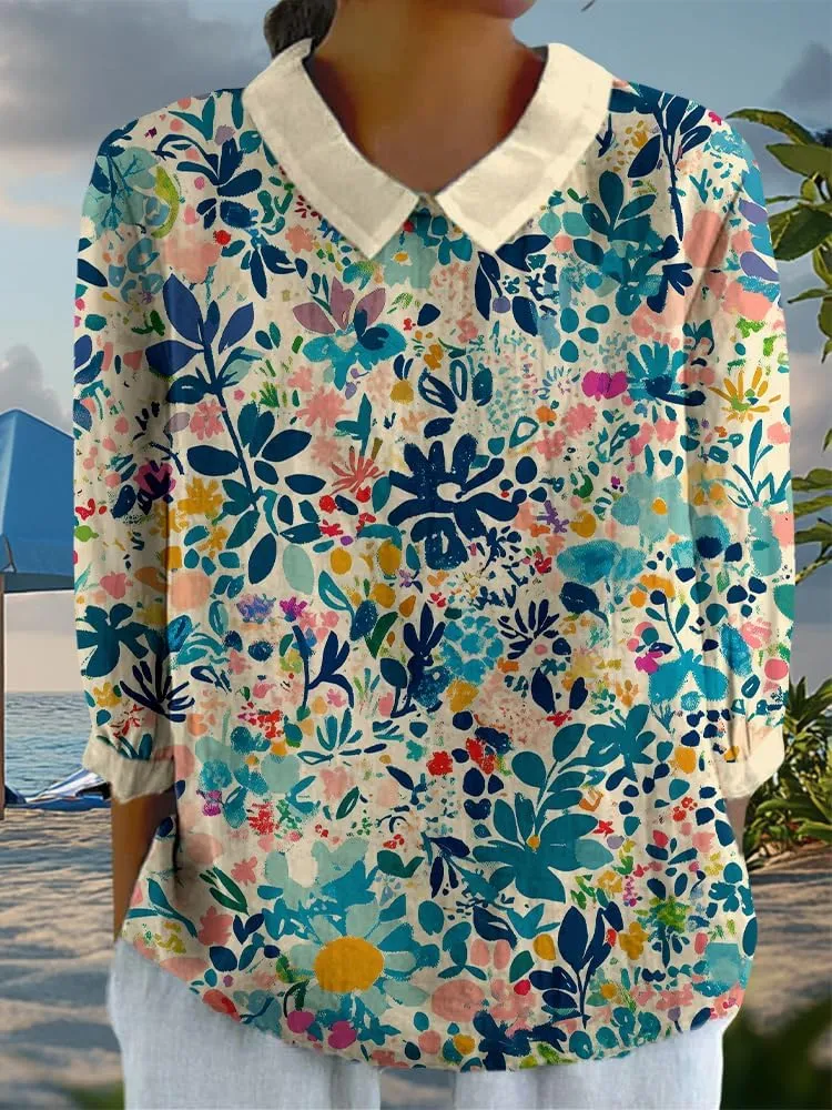 Womens 3/4 Sleeve Collared Boho Tops Ladies Vintage Blouses Dressy Casual Graphic Tees Loose Fit Pullover Summer Tops