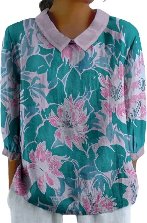 Womens 3/4 Sleeve Collared Boho Tops Ladies Vintage Blouses Dressy Casual Graphic Tees Loose Fit Pullover Summer Tops