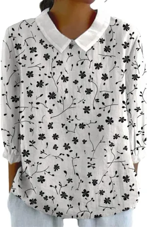 Womens 3/4 Sleeve Collared Boho Tops Ladies Vintage Blouses Dressy Casual Graphic Tees Loose Fit Pullover Summer Tops