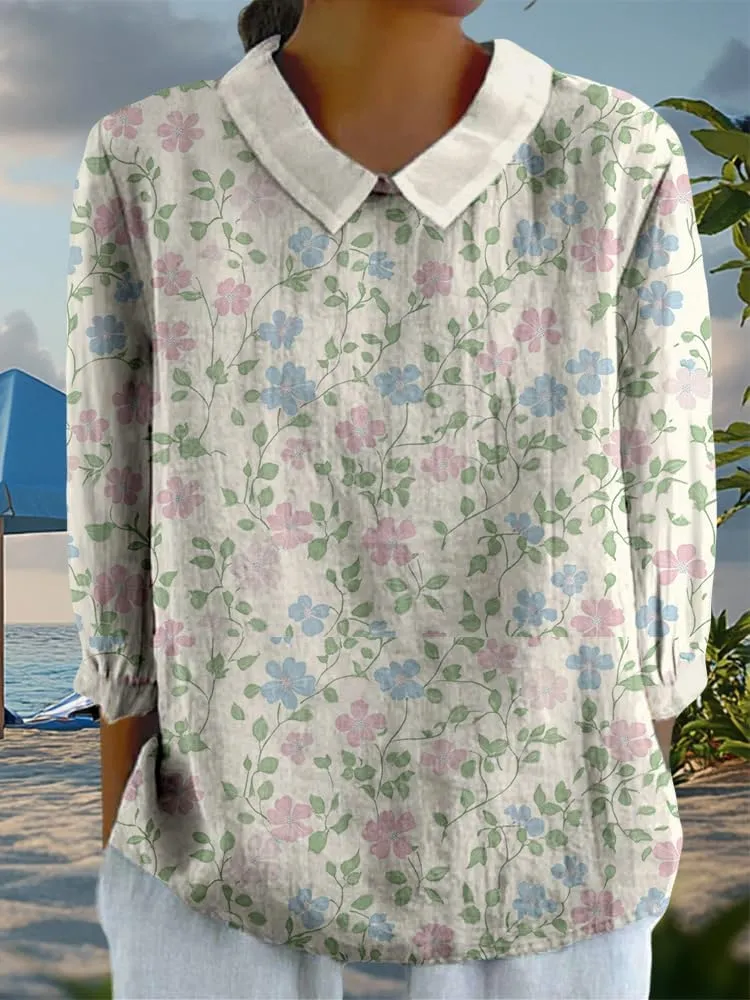 Womens 3/4 Sleeve Collared Boho Tops Ladies Vintage Blouses Dressy Casual Graphic Tees Loose Fit Pullover Summer Tops