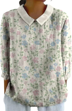 Womens 3/4 Sleeve Collared Boho Tops Ladies Vintage Blouses Dressy Casual Graphic Tees Loose Fit Pullover Summer Tops