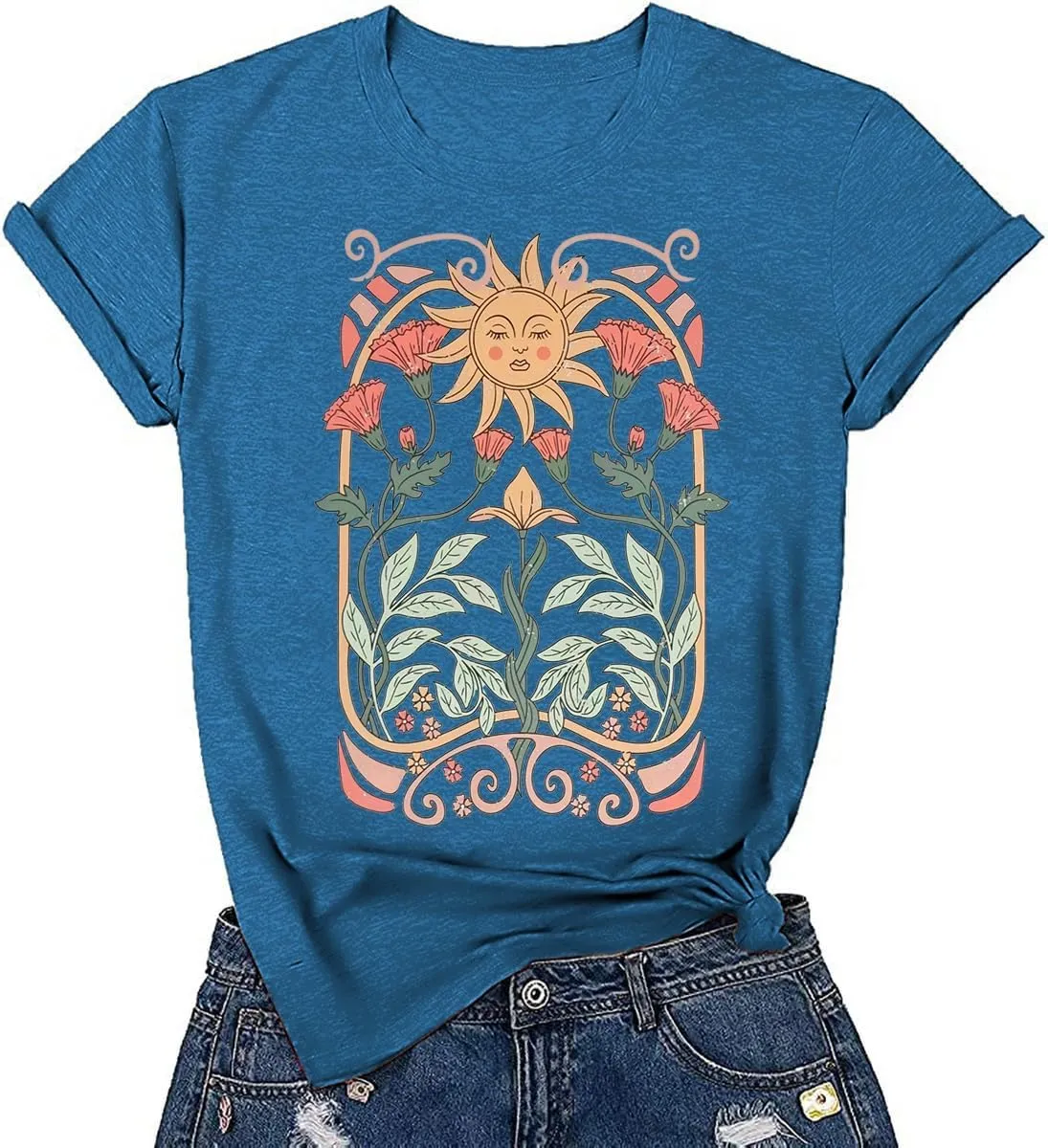 Women's Boho Floral T Shirt Summer Casual Art Nouveau Wildflowers Vintage Flowers Nature Graphic Tees Tops