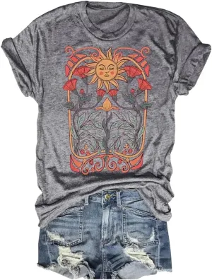 Women's Boho Floral T Shirt Summer Casual Art Nouveau Wildflowers Vintage Flowers Nature Graphic Tees Tops