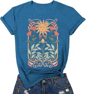 Women's Boho Floral T Shirt Summer Casual Art Nouveau Wildflowers Vintage Flowers Nature Graphic Tees Tops