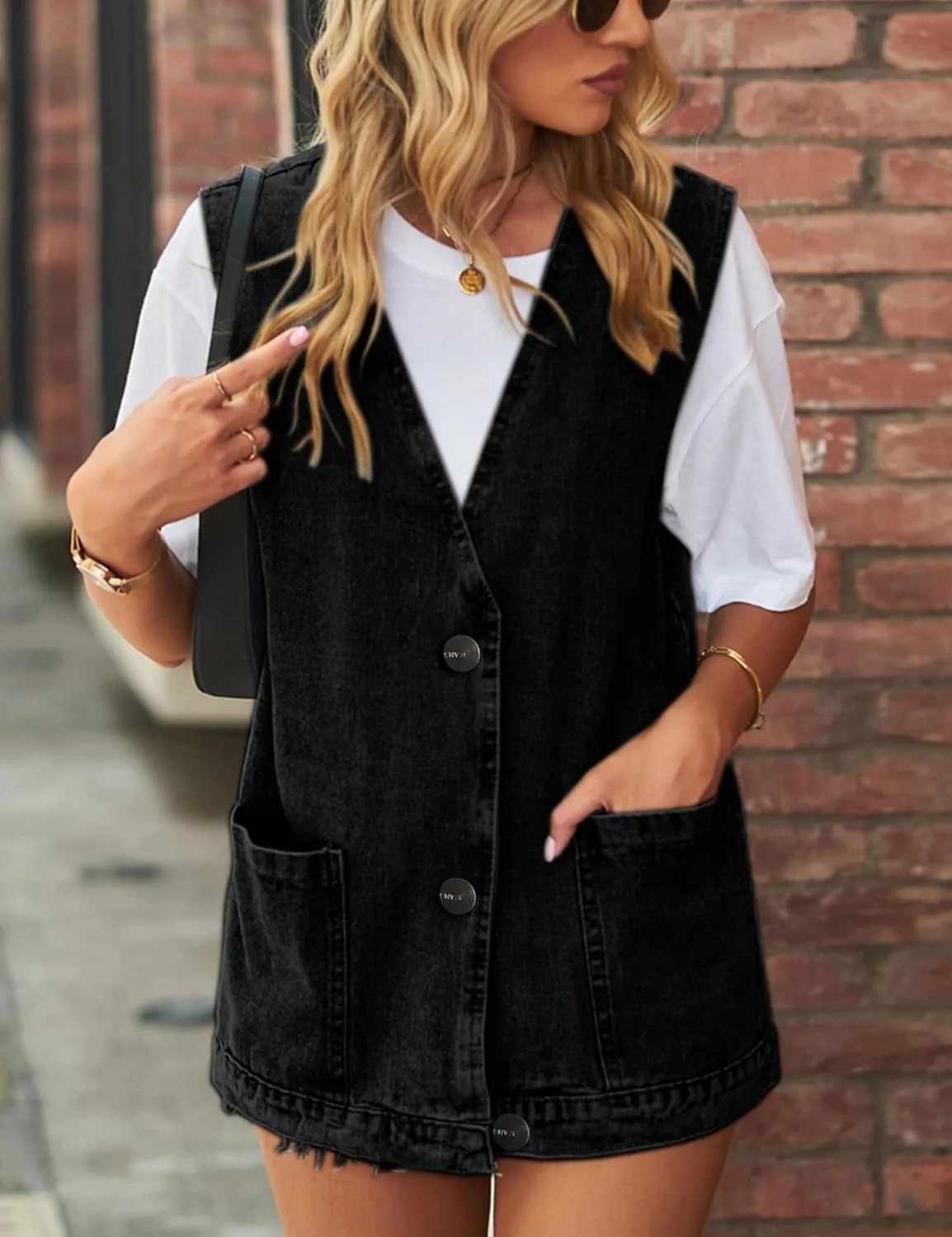 Women's Casual Denim Jean Vest Oversized Sleeveless Mid Long Button Down Jeans Jackets Vests Tops Waistcoat 