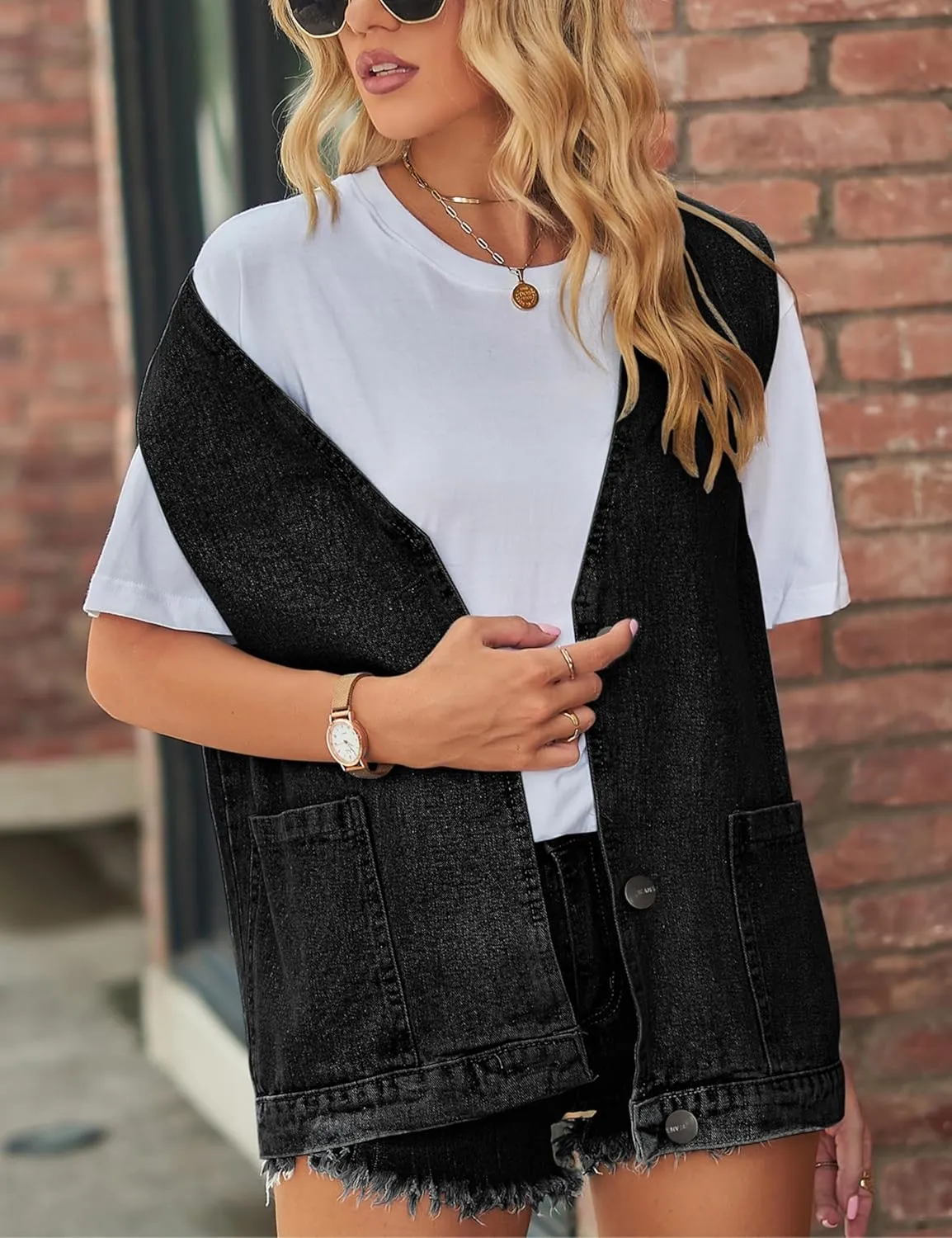 Women's Casual Denim Jean Vest Oversized Sleeveless Mid Long Button Down Jeans Jackets Vests Tops Waistcoat 