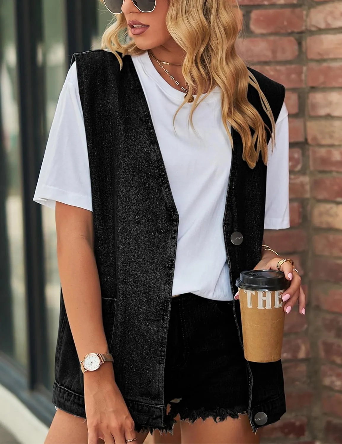 Women's Casual Denim Jean Vest Oversized Sleeveless Mid Long Button Down Jeans Jackets Vests Tops Waistcoat 