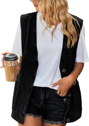 Women's Casual Denim Jean Vest Oversized Sleeveless Mid Long Button Down Jeans Jackets Vests Tops Waistcoat 