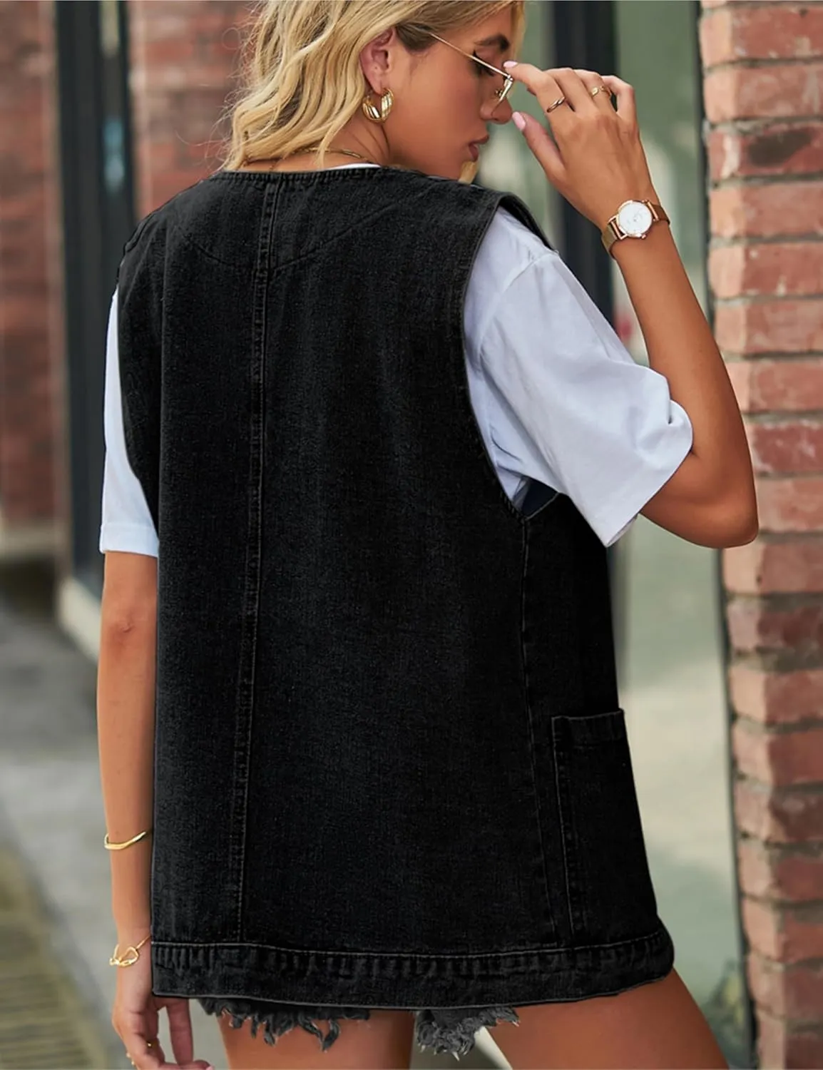 Women's Casual Denim Jean Vest Oversized Sleeveless Mid Long Button Down Jeans Jackets Vests Tops Waistcoat 