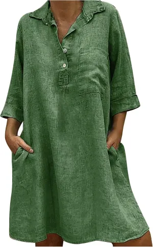 Women's Casual Dress 3/4 Sleeve V Neck Lapel Linen Dresses with Pockets Solid Color Cotton Spring Summer Midi Dress