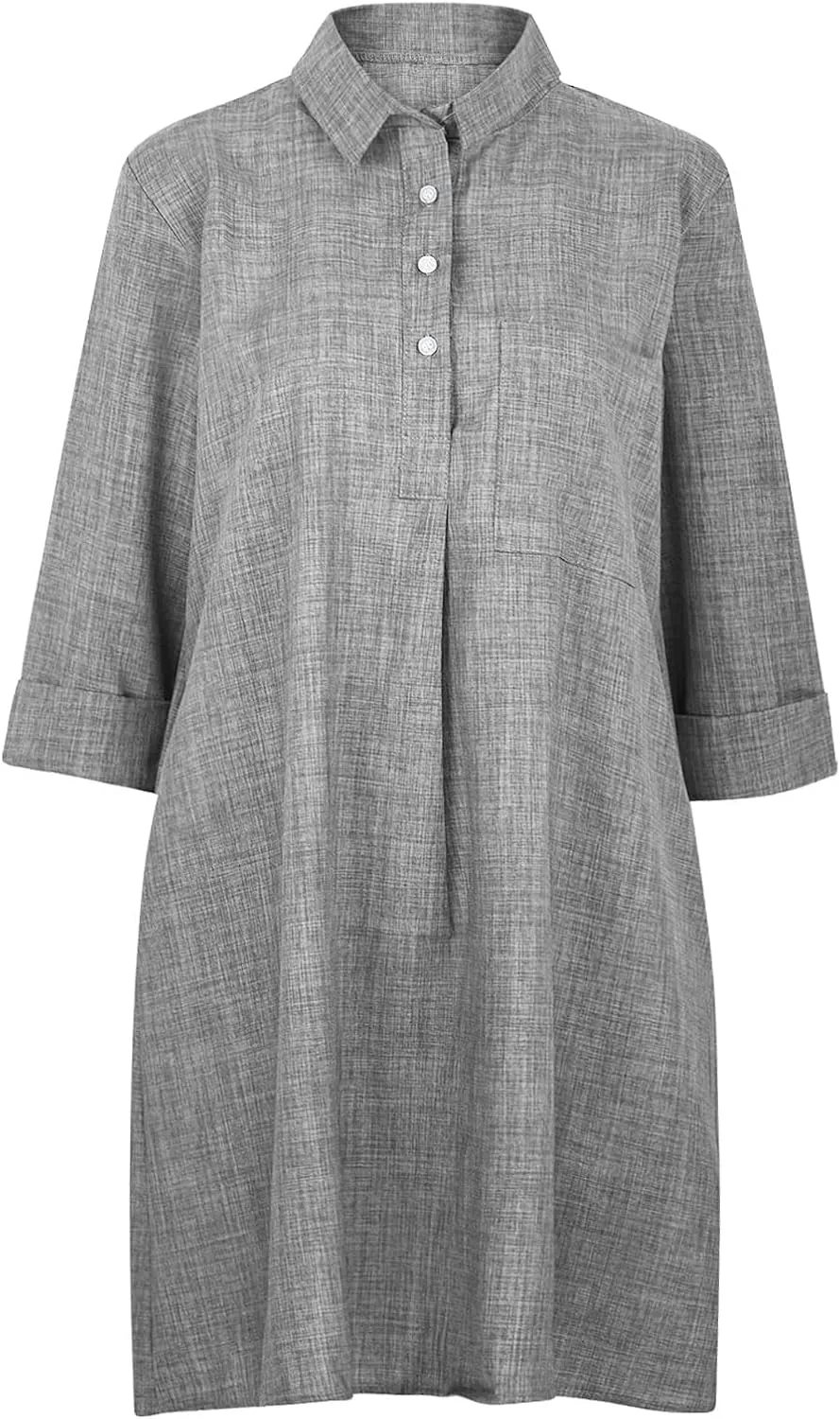 Women's Casual Dress 3/4 Sleeve V Neck Lapel Linen Dresses with Pockets Solid Color Cotton Spring Summer Midi Dress